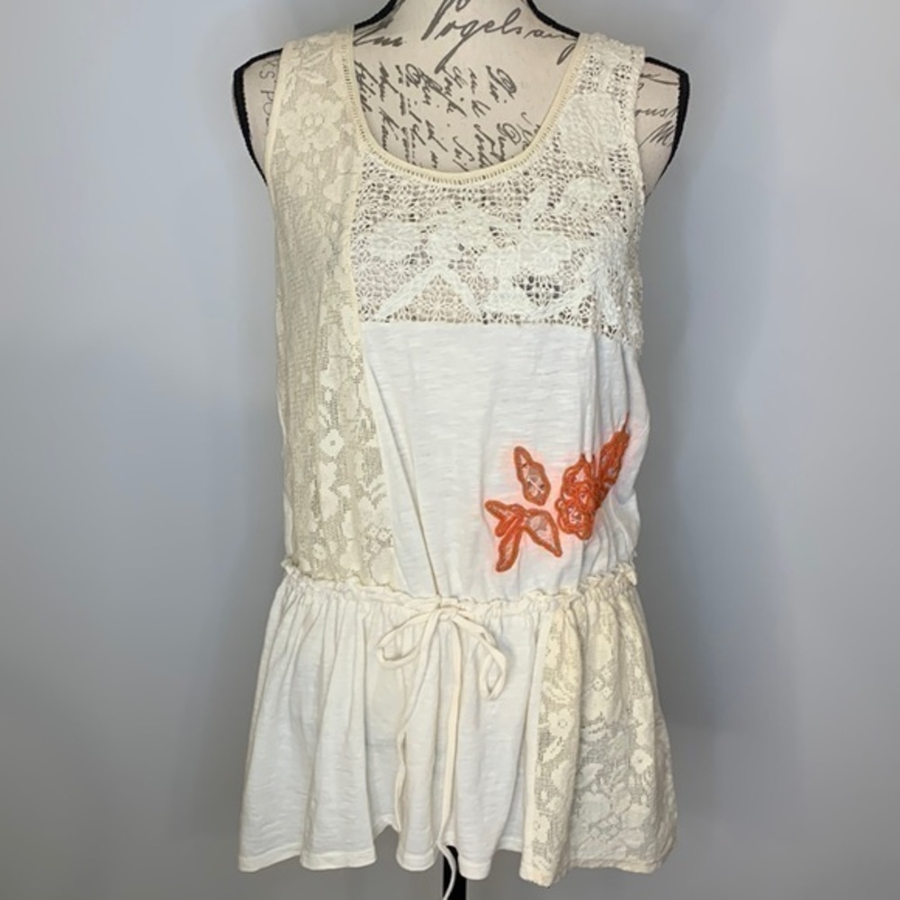 Anthropologie Rio Rao slub knit lace peplum tunic drawstring tank top S